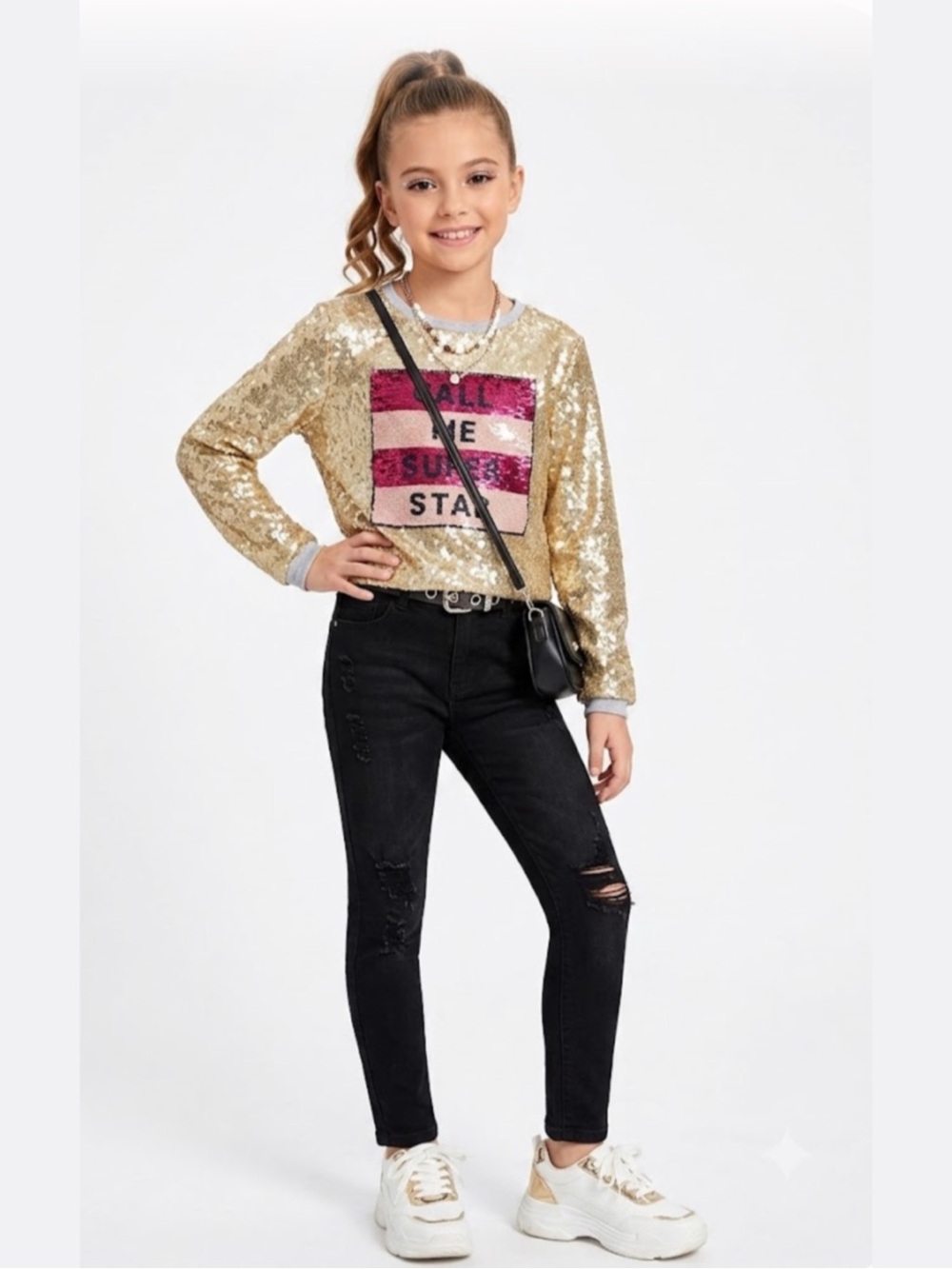 Girls' CALL ME SUPERSTAR Gold Sequin Sweatshirt with Pink Block Accent